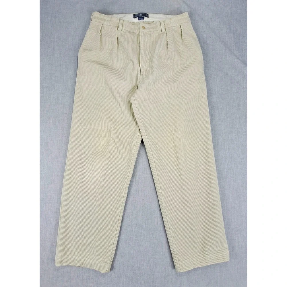 Polo Ralph Lauren Andrew Pant Mens 34x30 Beige Corduroy Pleated Relaxed Trousers